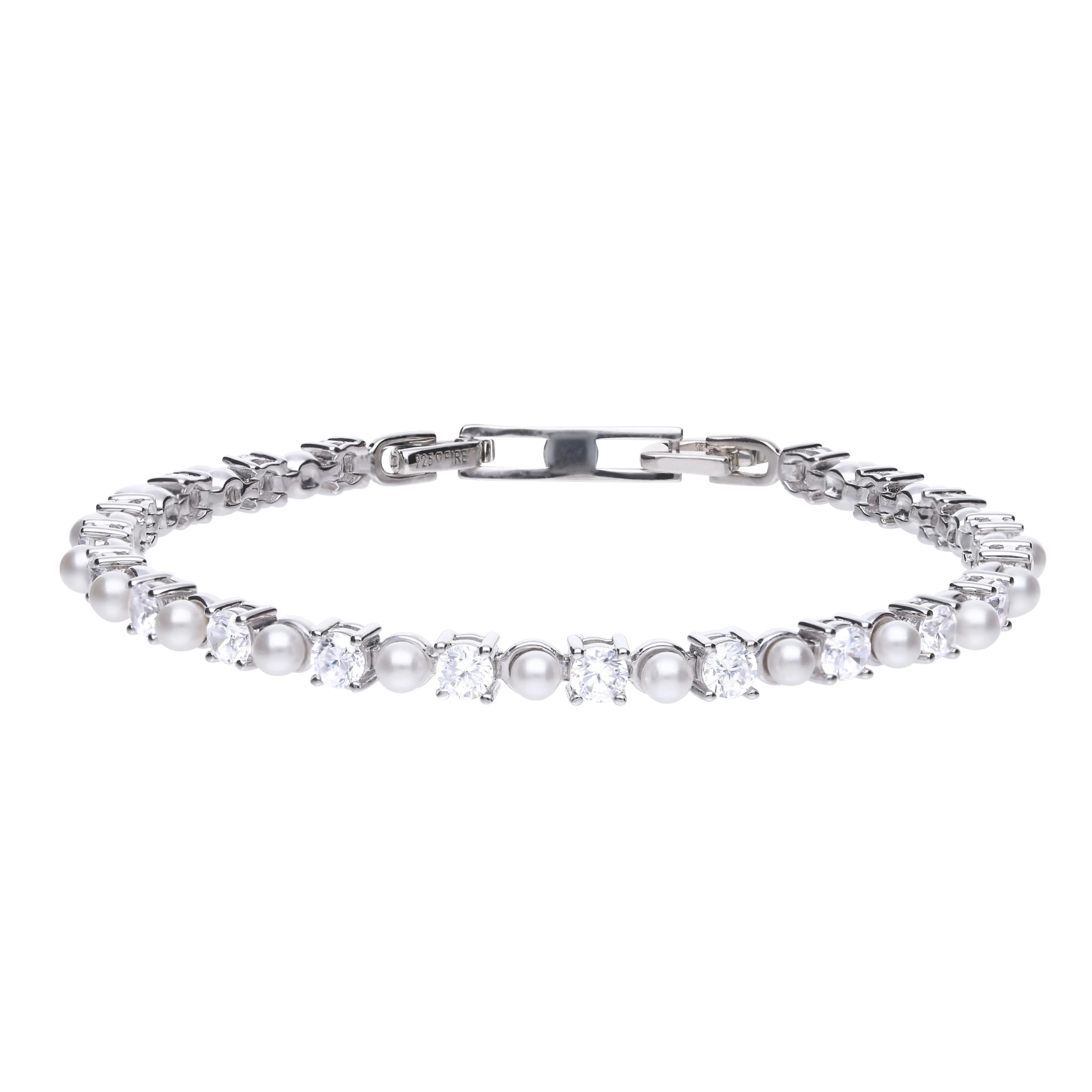 Perl-Armband silber 925 mit weißen Muschelkernperlen und Zirkonias