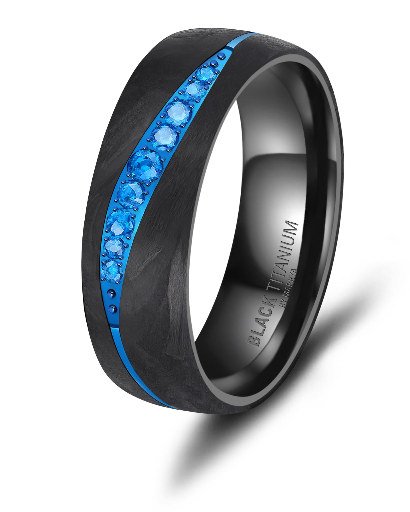 Partnerringe Black Titanium mit blauem Harzguss mit neun dunkelblauen Zirkonias
