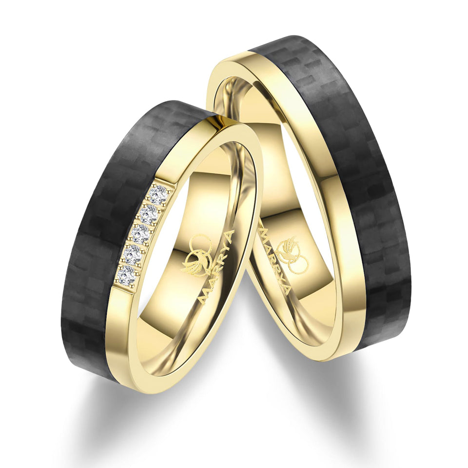 Partnerringe Carbon Edelstahl mit Gelbgold-Plattierung