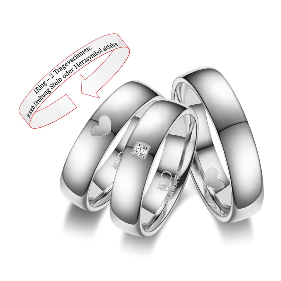 Partnerringe Edelstahl mit Damenring in 2 Tragevarianten