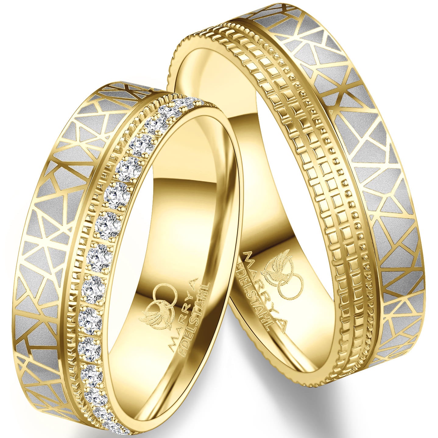 Partnerringe Edelstahl mit Gelbgold und Muster