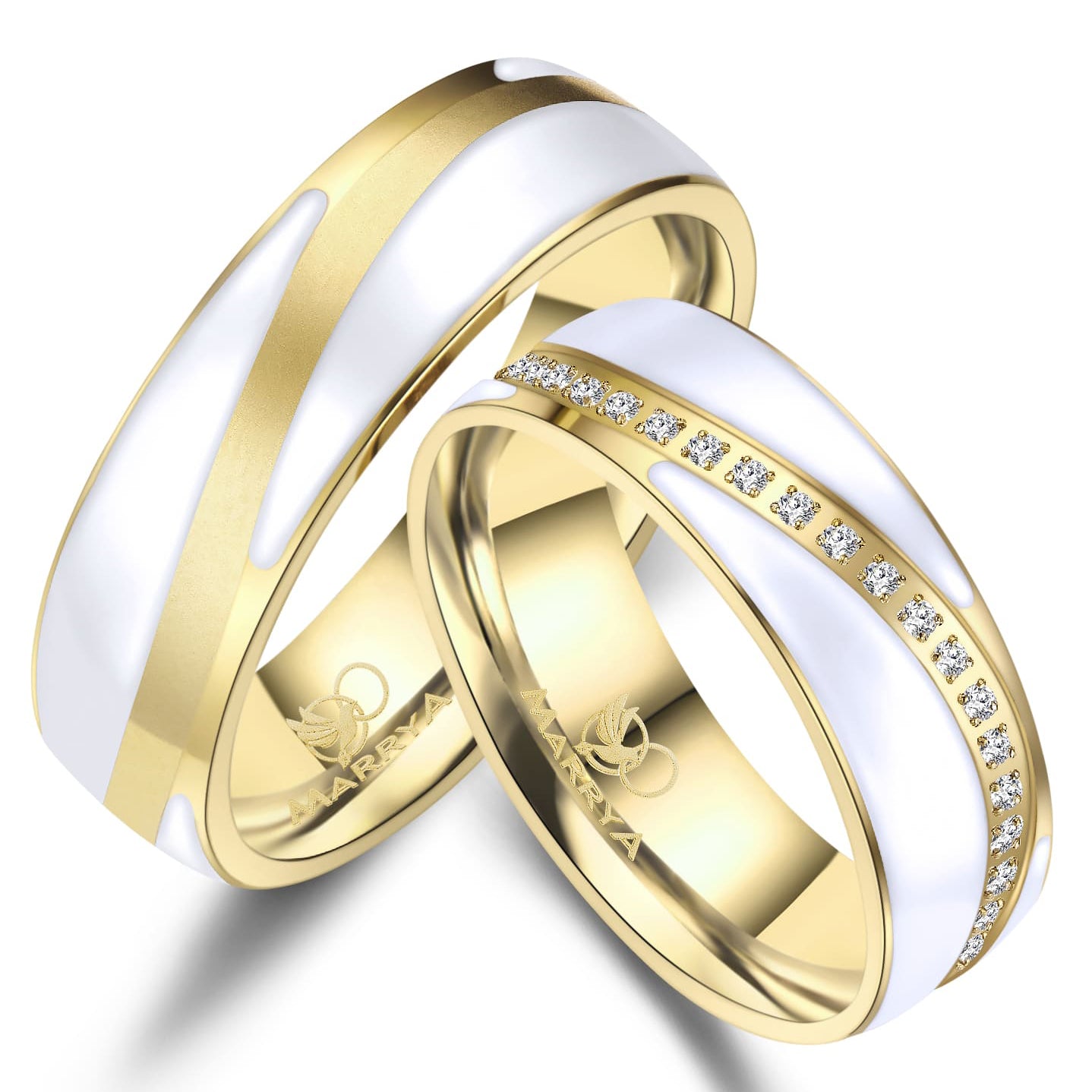 Partnerringe Edelstahl mit Gelbgold und weißer Emaille-Einlage