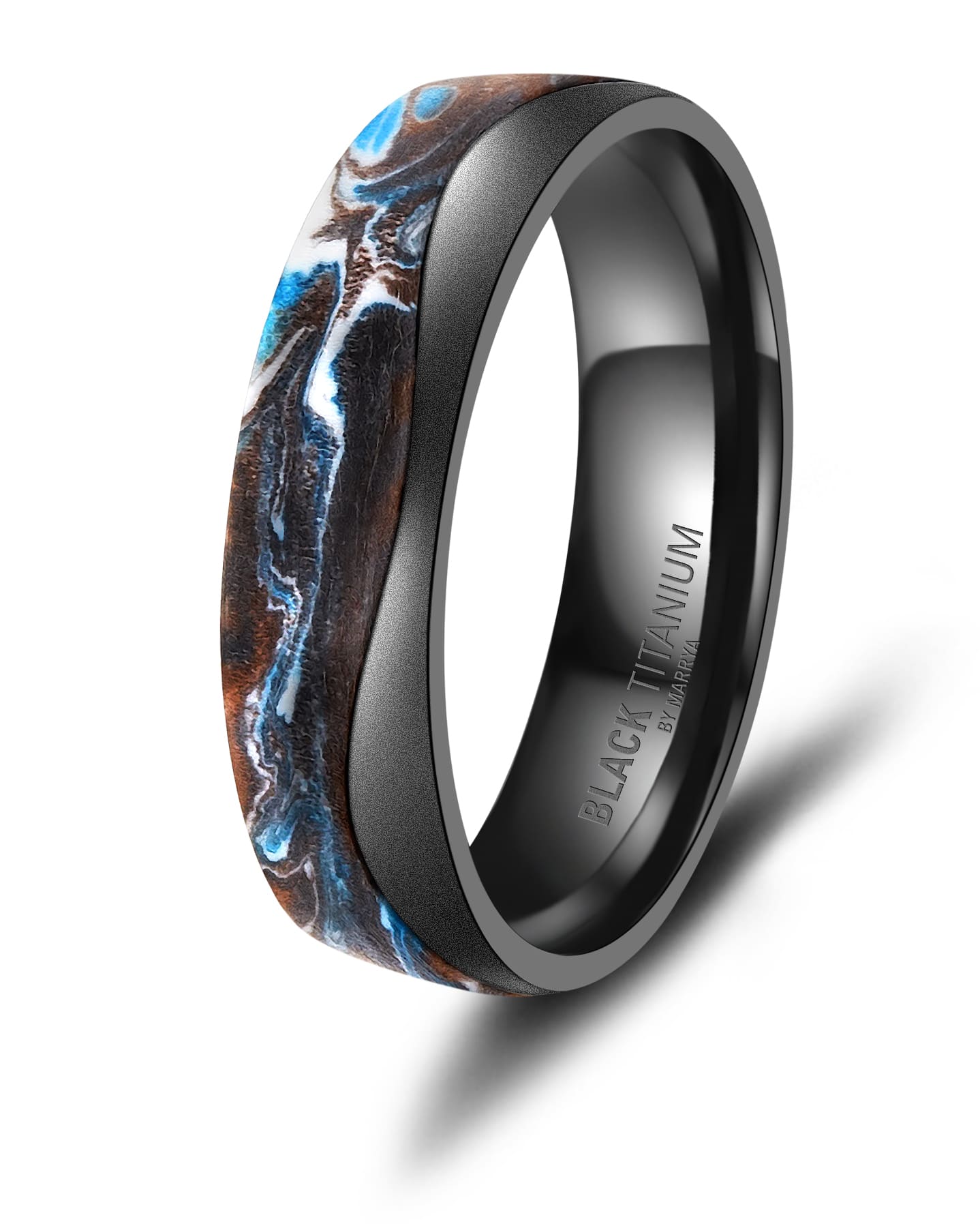 Partnerringe Black Titanium mit blauem Harzguss und weißen und hellblauen Zirkonias