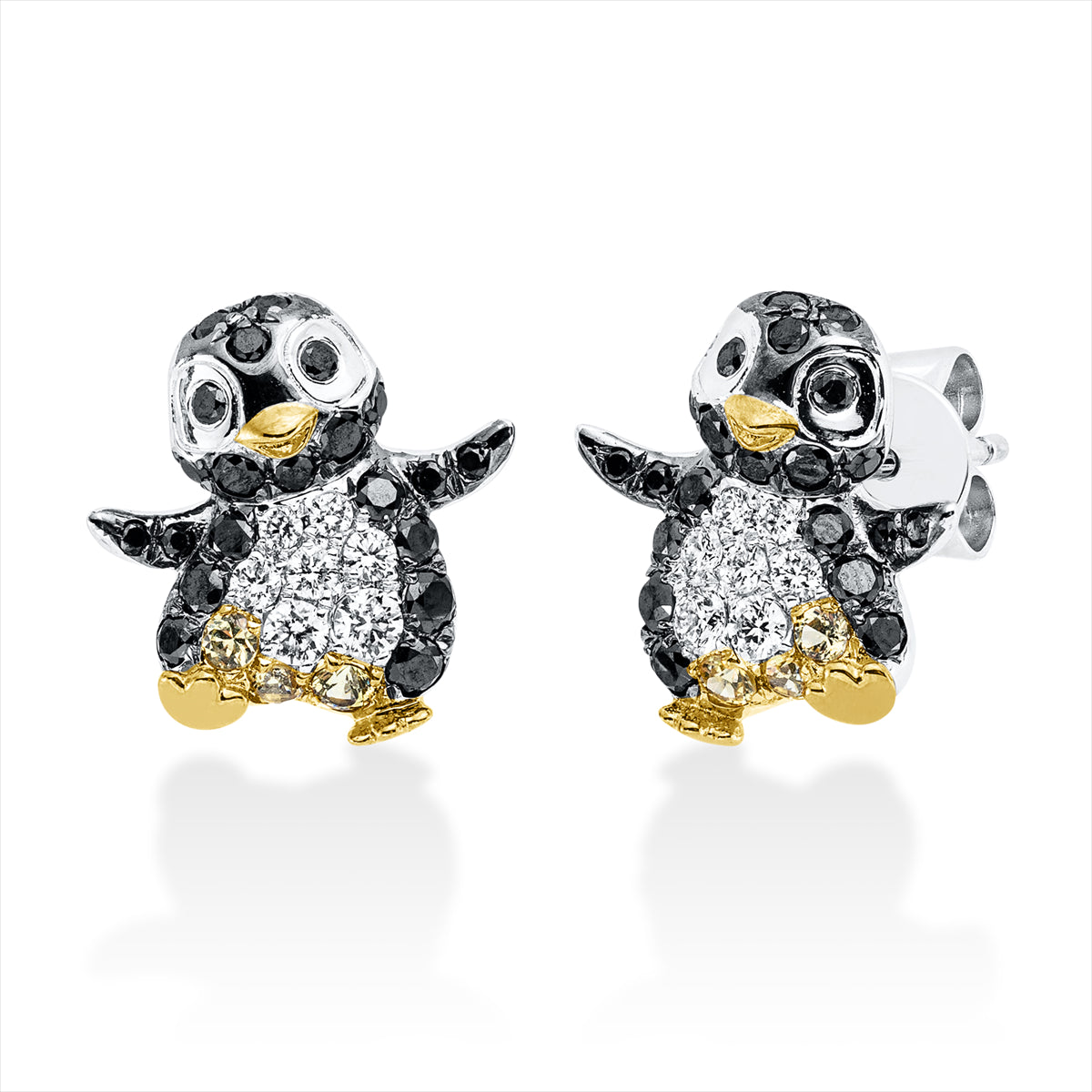 Ohrstecker 18 kt WG+GG Pinguin, Fassung teils schwarz rhod