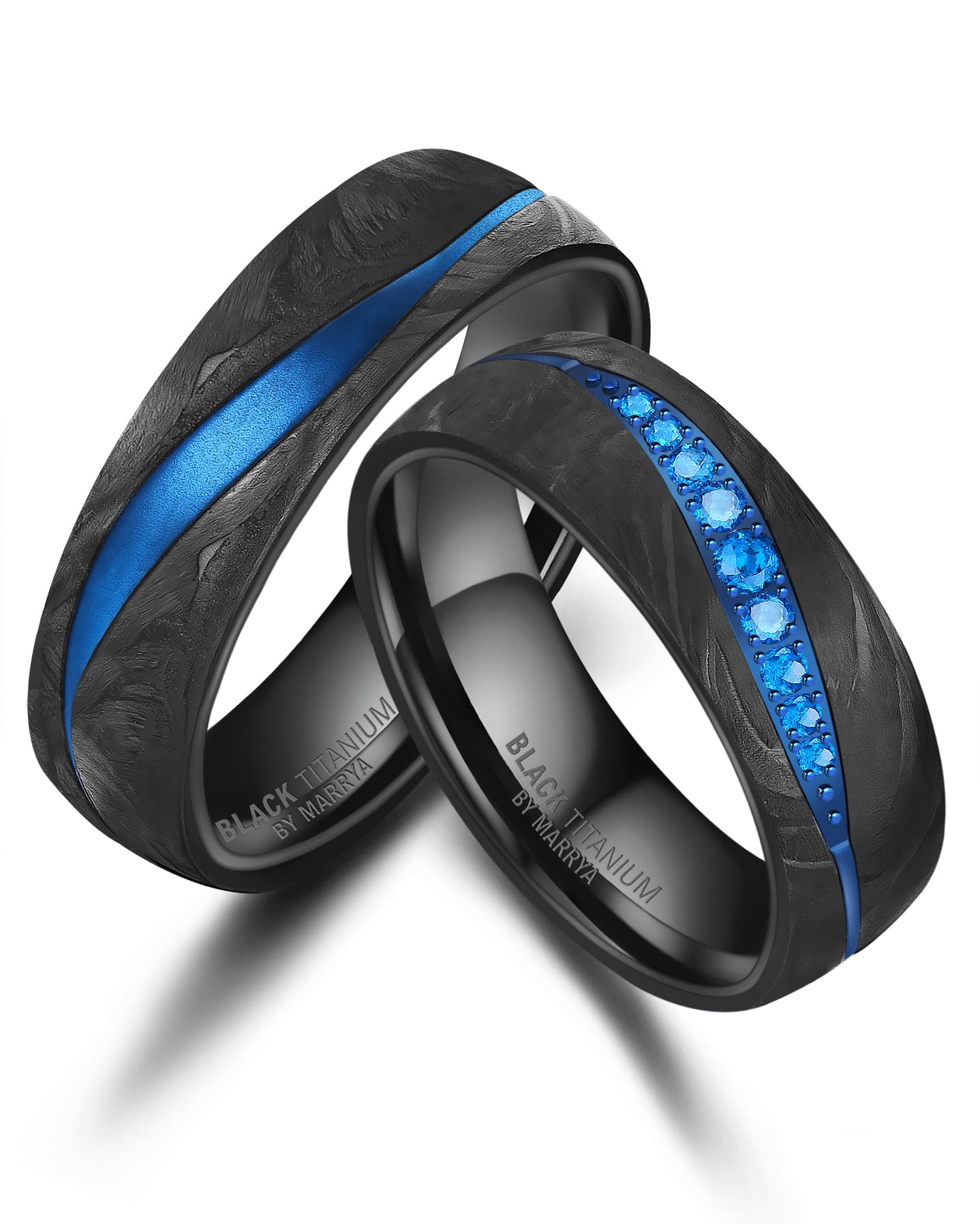 Partnerringe Black Titanium mit blauem Harzguss mit neun dunkelblauen Zirkonias