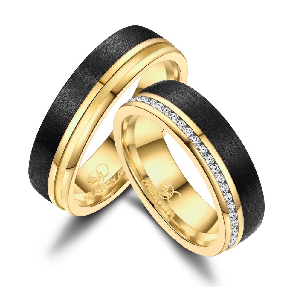 Partnerringe Carbon Edelstahl mit Gelbgold-Plattierung