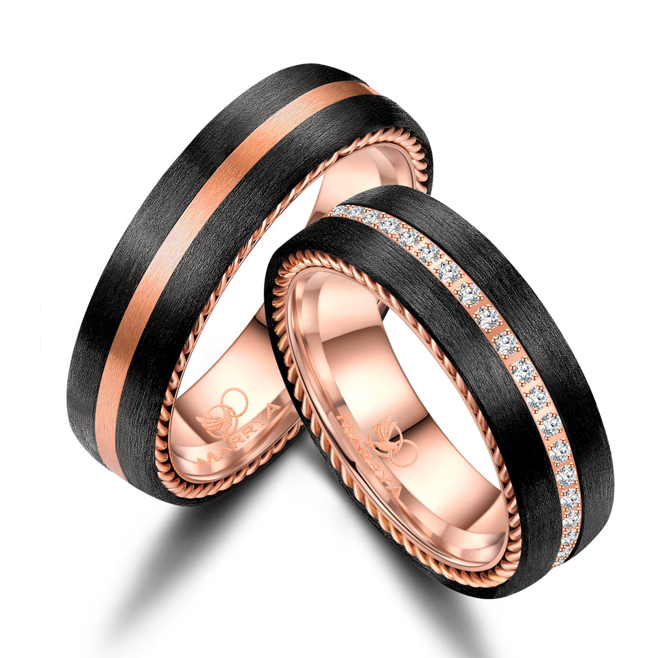 Partnerringe Carbon Edelstahl mit Roségold-Plattierung