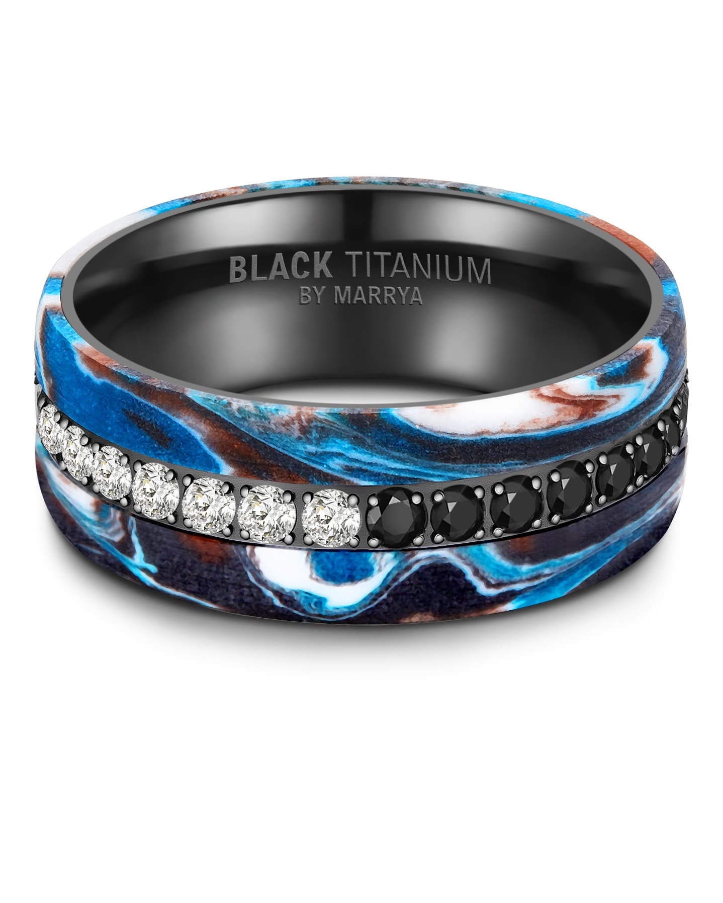 Partnerringe Black Titanium mit blauem Harzguss und rundherum mit weißen und schwarzen Zirkonias