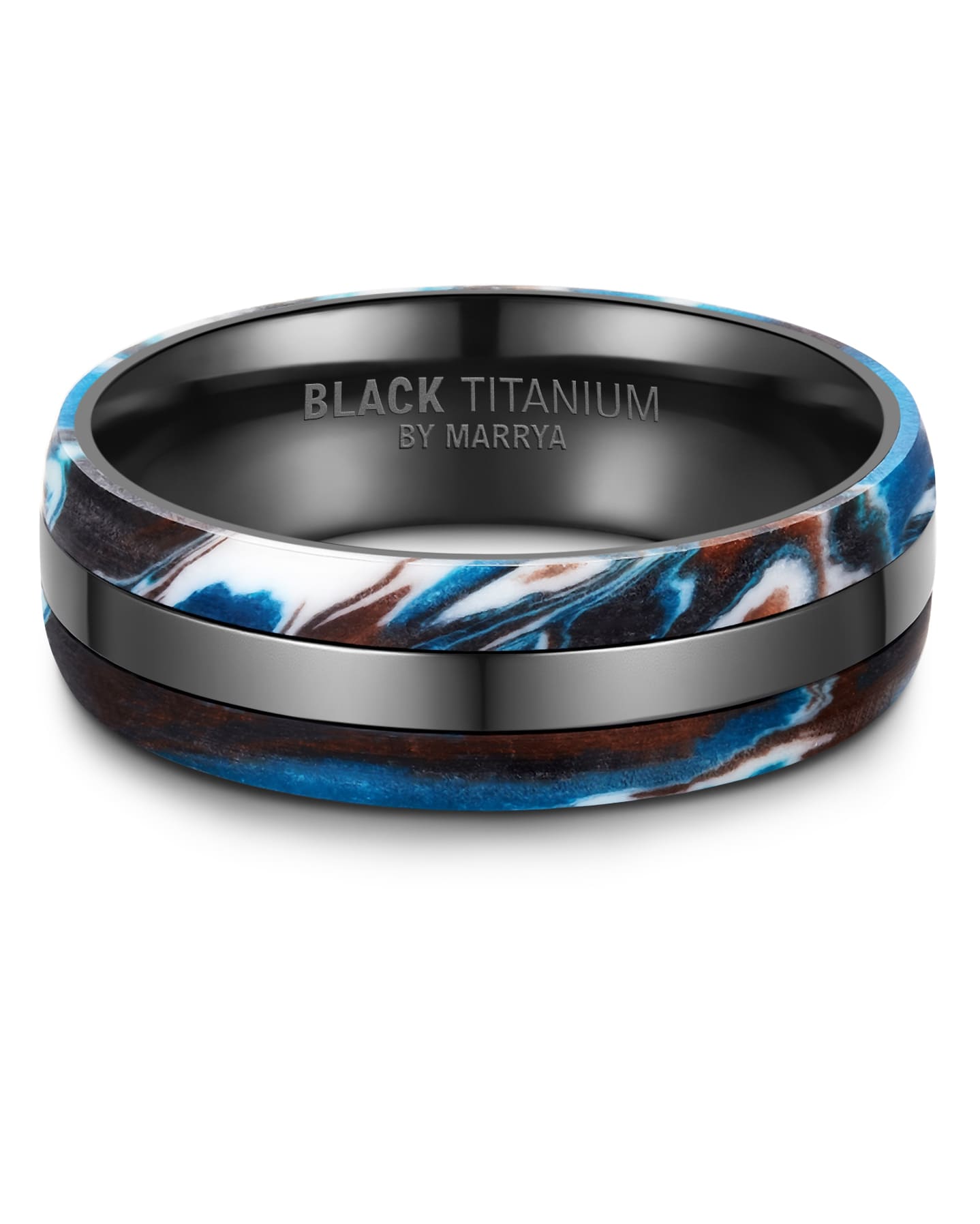Partnerringe Black Titanium mit blauem Harzguss und rundherum mit weißen und schwarzen Zirkonias